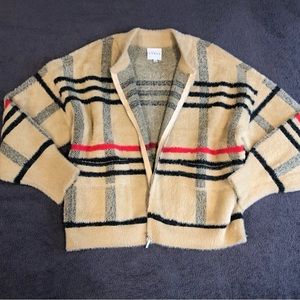 Cyrus Sweater Cardigan Zip Pockets L Cozy Tan Beige Black Plaid Lux Feel